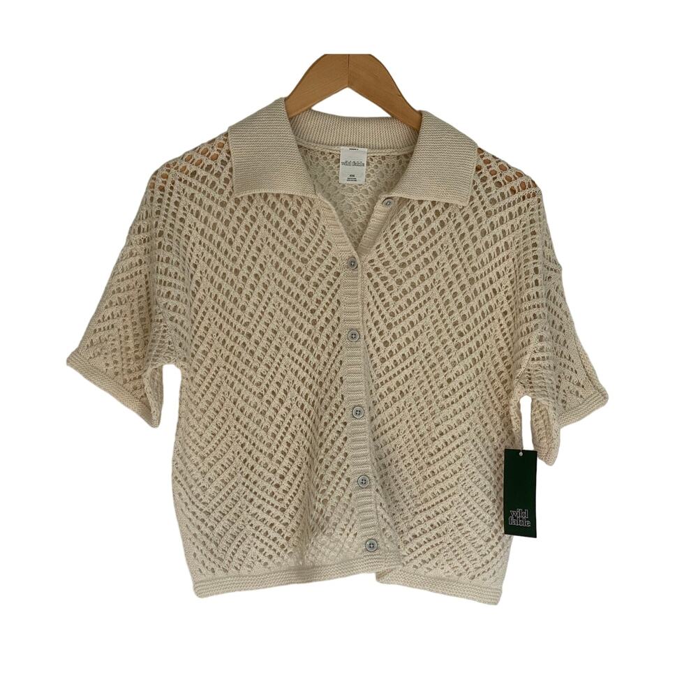 NWT Wild Fable Button Front Short Sleeve Open Work Loose Fit Camp Shirt Top